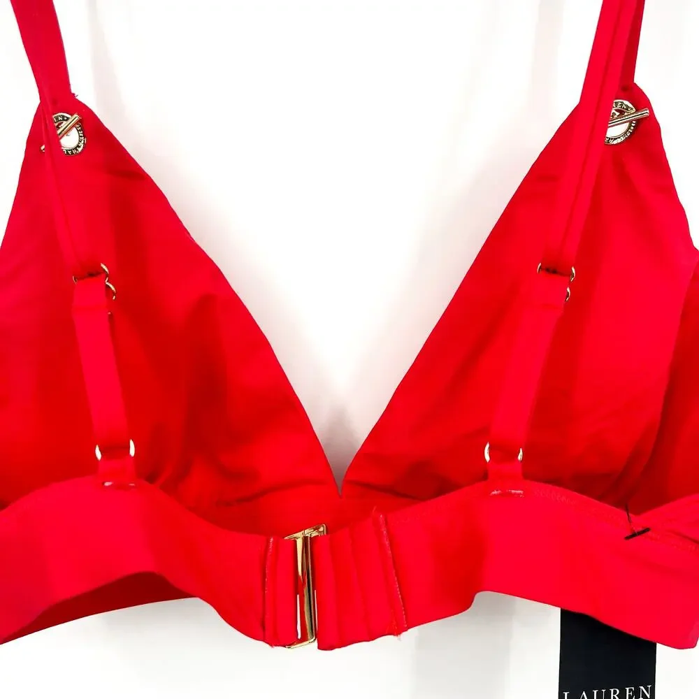 LAUREN RALPH Toggle V Neck Bikini Top Size 12 Red LAUREN Beach Club Solids NWT